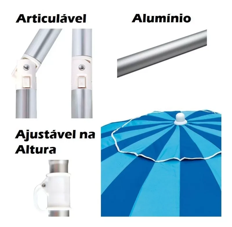 Guarda Sol Sky Alumínio Articulável 2,20 Metros para Praia e Camping Listrado - Imagem 3
