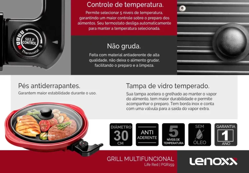 Grill Multifuncional Elétrica Lenoxx Pgr159 Vermelho 127V - Imagem 7